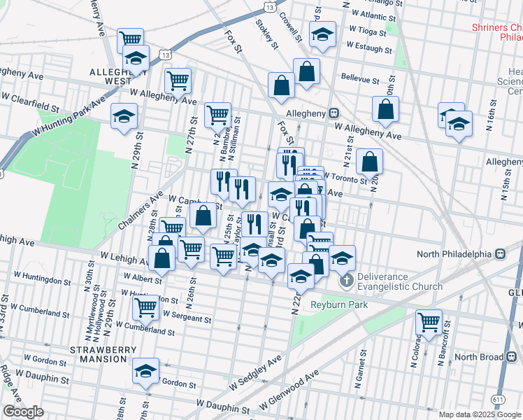 map of restaurants, bars, coffee shops, grocery stores, and more near 2903 North 24th Street in Philadelphia