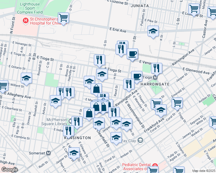 map of restaurants, bars, coffee shops, grocery stores, and more near 841 East Thayer Street in Philadelphia