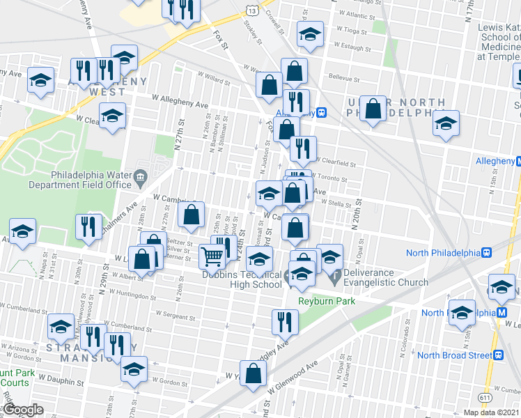 map of restaurants, bars, coffee shops, grocery stores, and more near 2906 North Bonsall Street in Philadelphia