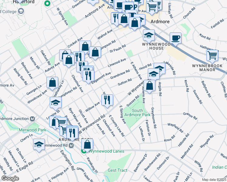 map of restaurants, bars, coffee shops, grocery stores, and more near 339 East Spring Avenue in Ardmore