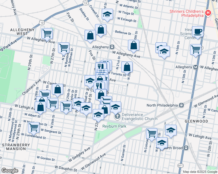 map of restaurants, bars, coffee shops, grocery stores, and more near 2929 North Van Pelt Street in Philadelphia