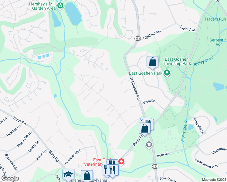 map of restaurants, bars, coffee shops, grocery stores, and more near 947 Cornwallis Drive in West Chester