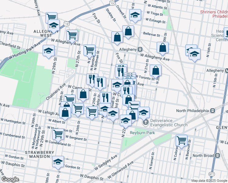 map of restaurants, bars, coffee shops, grocery stores, and more near 2906 North Bonsall Street in Philadelphia