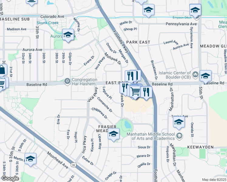 map of restaurants, bars, coffee shops, grocery stores, and more near 4500 Baseline Road in Boulder