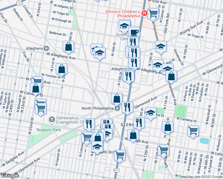 map of restaurants, bars, coffee shops, grocery stores, and more near 3016 North Sydenham Street in Philadelphia