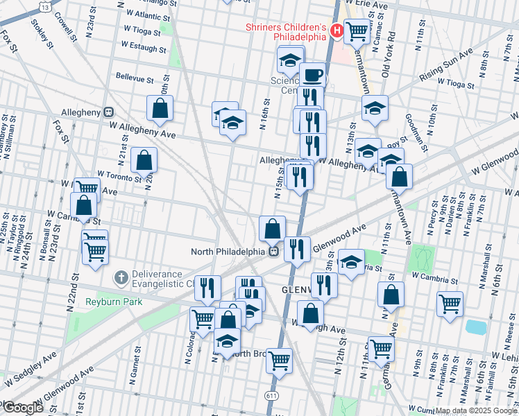 map of restaurants, bars, coffee shops, grocery stores, and more near 3016 North Sydenham Street in Philadelphia