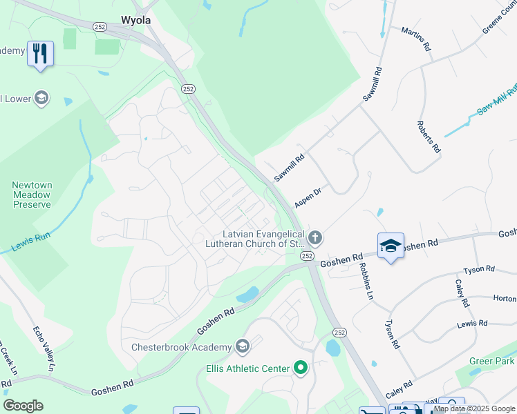 map of restaurants, bars, coffee shops, grocery stores, and more near 3703 Rosemont Pass in Newtown Square