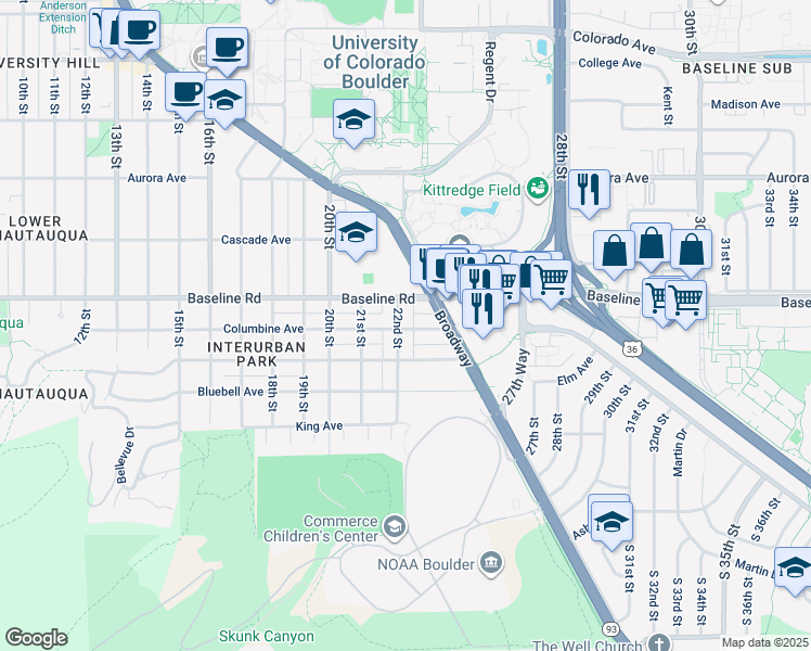 map of restaurants, bars, coffee shops, grocery stores, and more near 602 22nd Street in Boulder