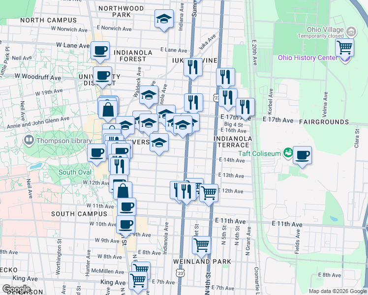 map of restaurants, bars, coffee shops, grocery stores, and more near 1777 Summit Street in Columbus