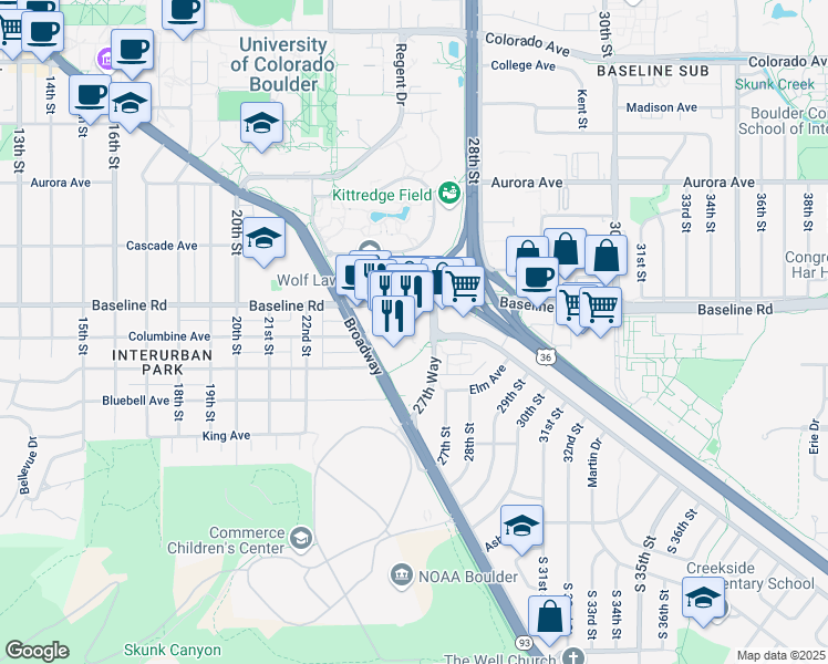 map of restaurants, bars, coffee shops, grocery stores, and more near 2580 Baseline Road in Boulder