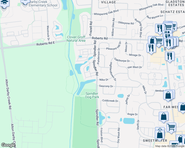 map of restaurants, bars, coffee shops, grocery stores, and more near 5740 Shortbridge Lane in Hilliard