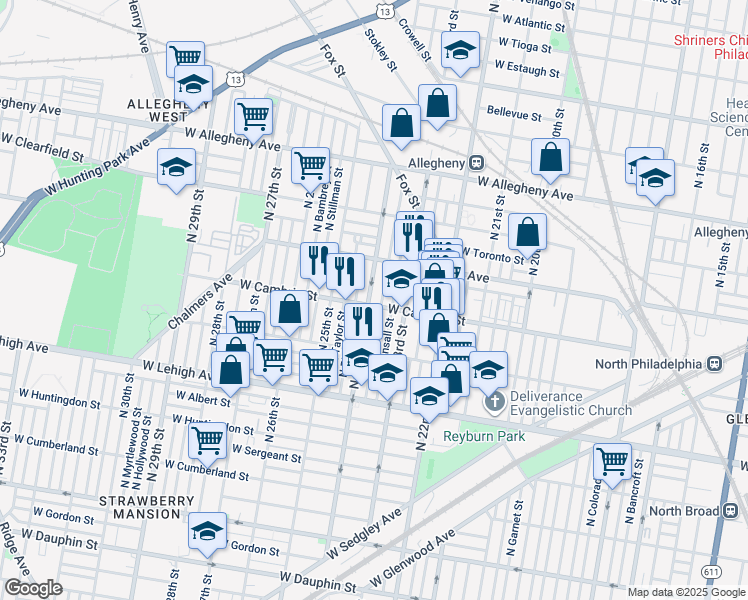 map of restaurants, bars, coffee shops, grocery stores, and more near 2903 North 24th Street in Philadelphia