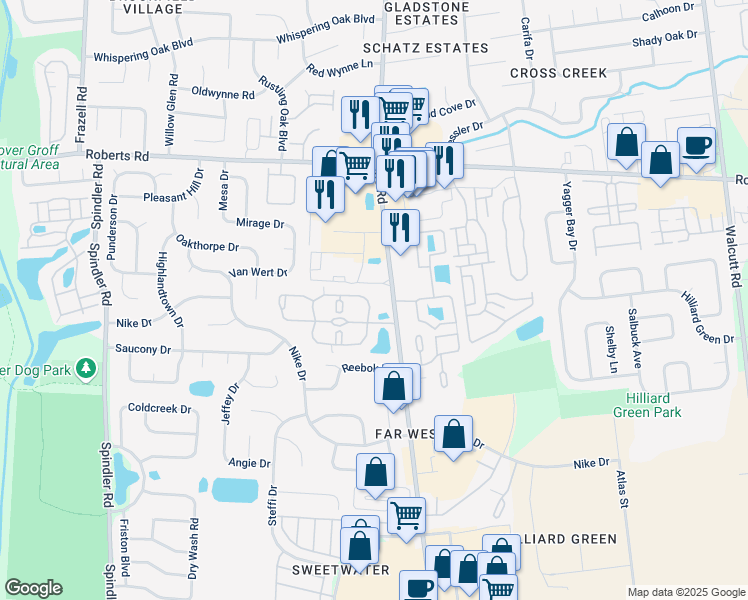 map of restaurants, bars, coffee shops, grocery stores, and more near 5520 Blue Lagoon Lane in Hilliard