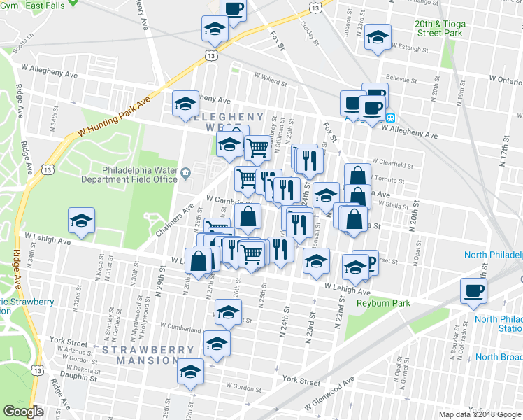 map of restaurants, bars, coffee shops, grocery stores, and more near 2867 North Bambrey Street in Philadelphia
