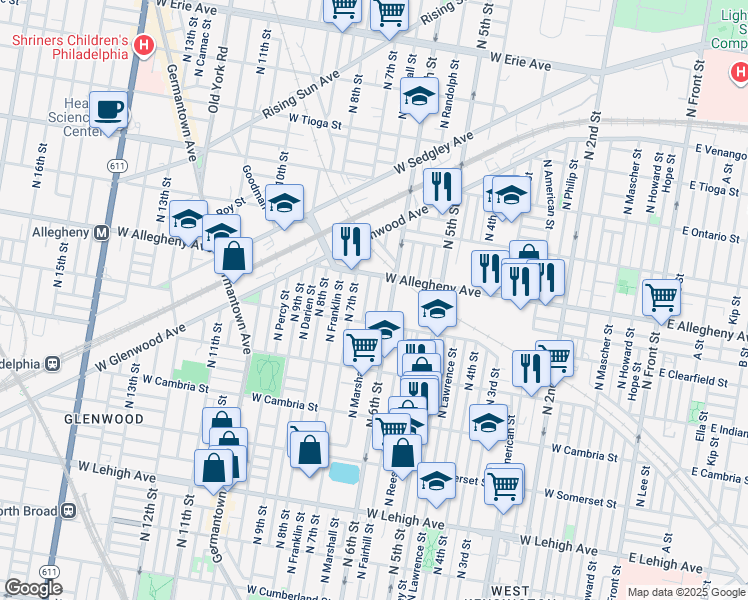 map of restaurants, bars, coffee shops, grocery stores, and more near 3134 North Wendle Street in Philadelphia