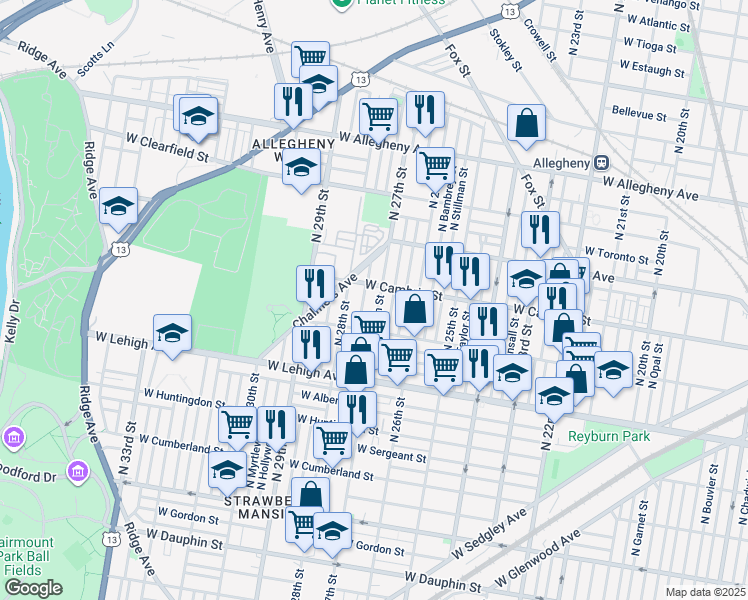 map of restaurants, bars, coffee shops, grocery stores, and more near 2844 North 27th Street in Philadelphia