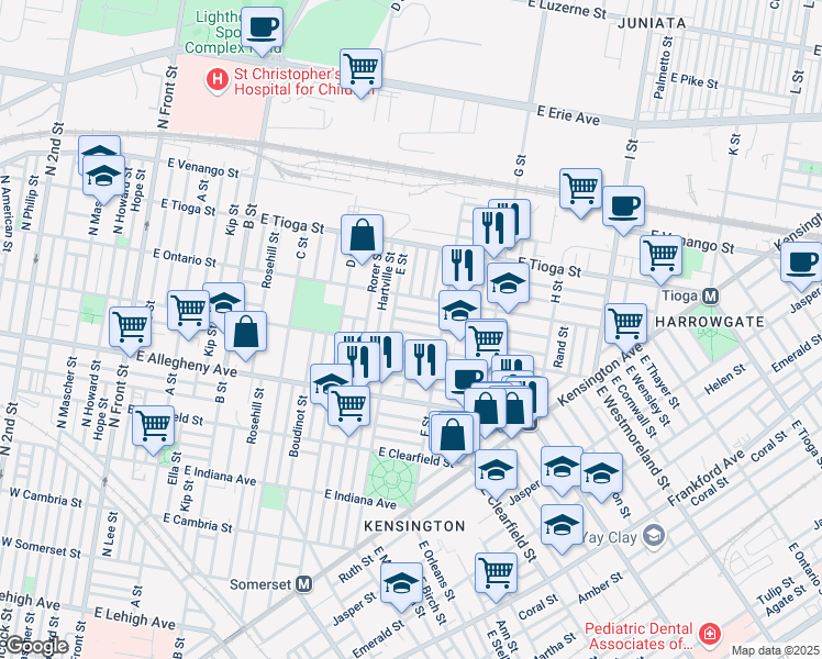 map of restaurants, bars, coffee shops, grocery stores, and more near 615 East Westmoreland Street in Philadelphia