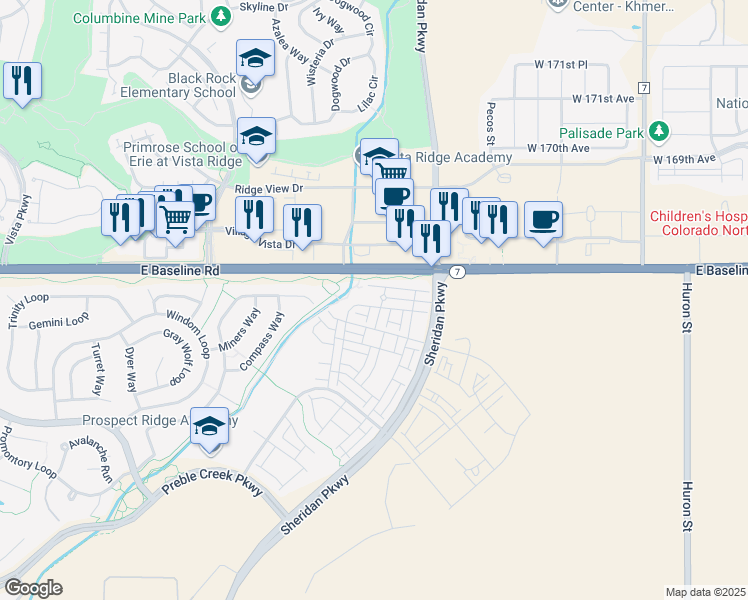 map of restaurants, bars, coffee shops, grocery stores, and more near Broomfield Trail in Broomfield