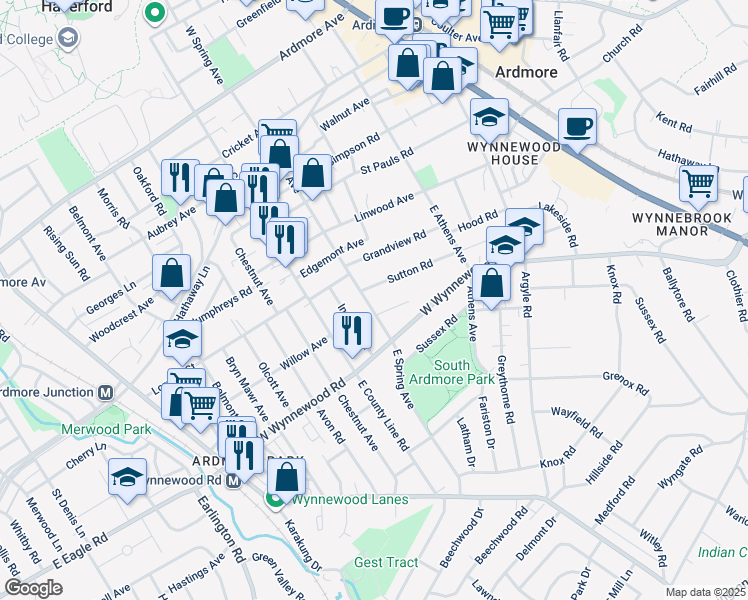 map of restaurants, bars, coffee shops, grocery stores, and more near 339 East Spring Avenue in Ardmore