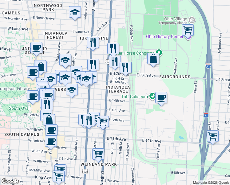 map of restaurants, bars, coffee shops, grocery stores, and more near 379 East 15th Avenue in Columbus