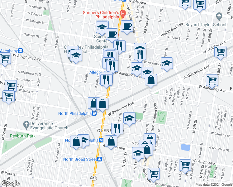 map of restaurants, bars, coffee shops, grocery stores, and more near 1328 West Toronto Street in Philadelphia