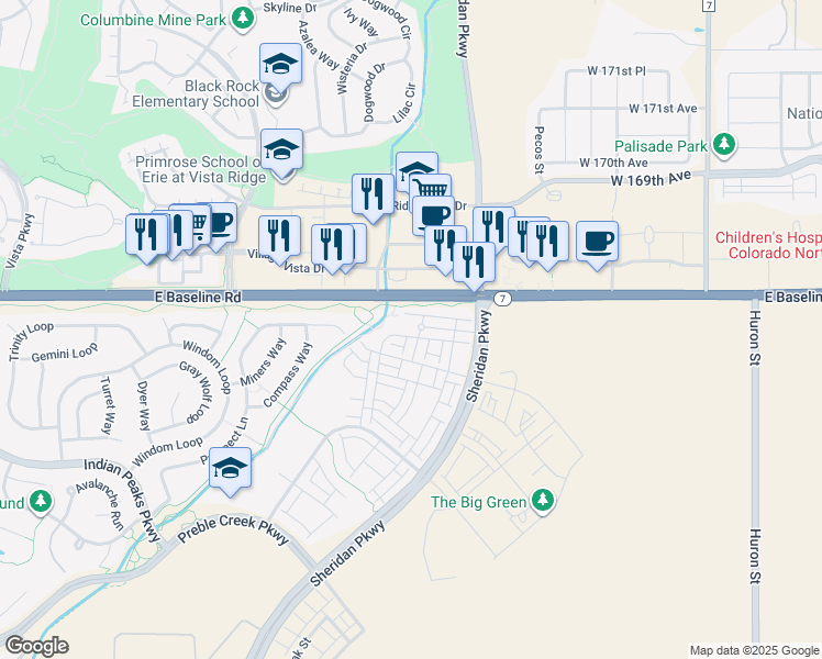 map of restaurants, bars, coffee shops, grocery stores, and more near 16785 Sheridan Parkway in Broomfield