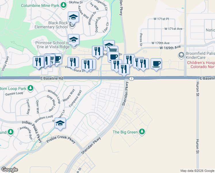 map of restaurants, bars, coffee shops, grocery stores, and more near 16763 Sheridan Parkway in Broomfield