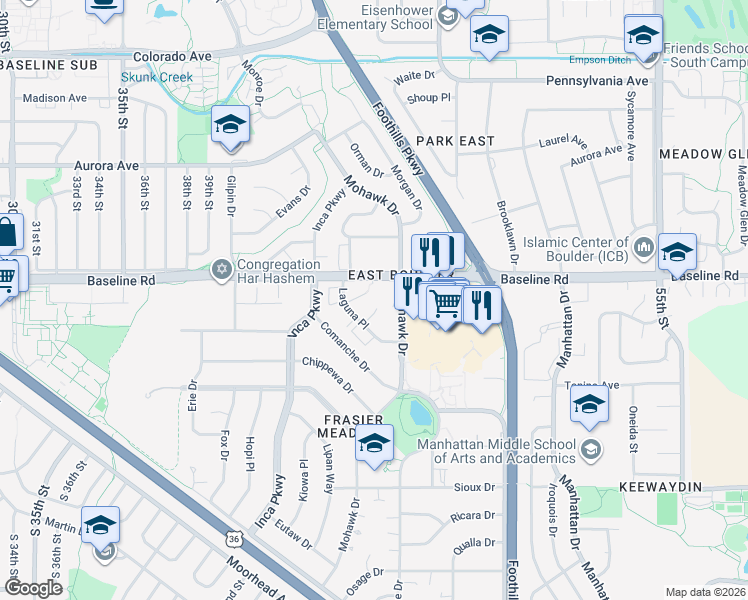 map of restaurants, bars, coffee shops, grocery stores, and more near 635 Mohawk Drive in Boulder