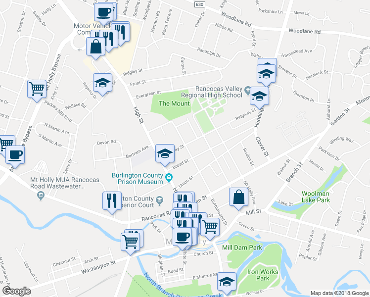 map of restaurants, bars, coffee shops, grocery stores, and more near 48 Ridgway Street in Mount Holly