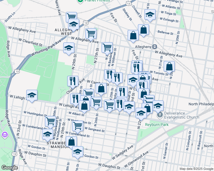 map of restaurants, bars, coffee shops, grocery stores, and more near 2867 North Bambrey Street in Philadelphia