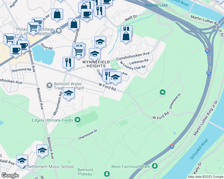 map of restaurants, bars, coffee shops, grocery stores, and more near 3900 West Ford Road in Philadelphia