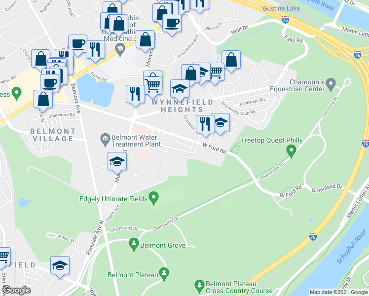 map of restaurants, bars, coffee shops, grocery stores, and more near 4044 Balwynne Park Road in Philadelphia