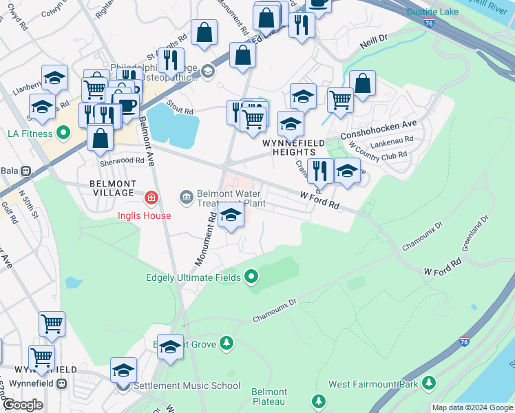 map of restaurants, bars, coffee shops, grocery stores, and more near 4082 Balwynne Park Road in Philadelphia