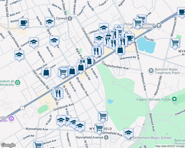 map of restaurants, bars, coffee shops, grocery stores, and more near 2438 1/2 North 50th Street in Philadelphia