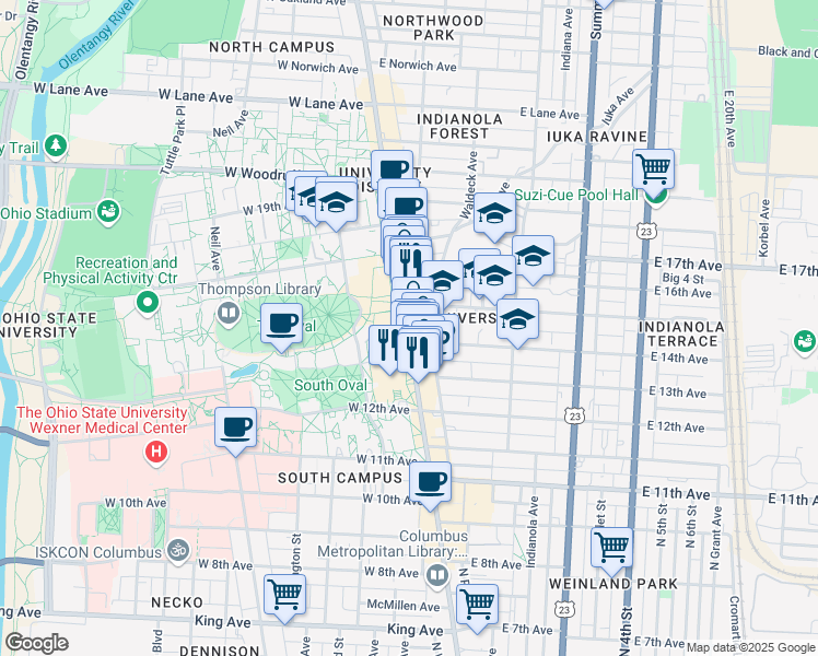 map of restaurants, bars, coffee shops, grocery stores, and more near in Columbus