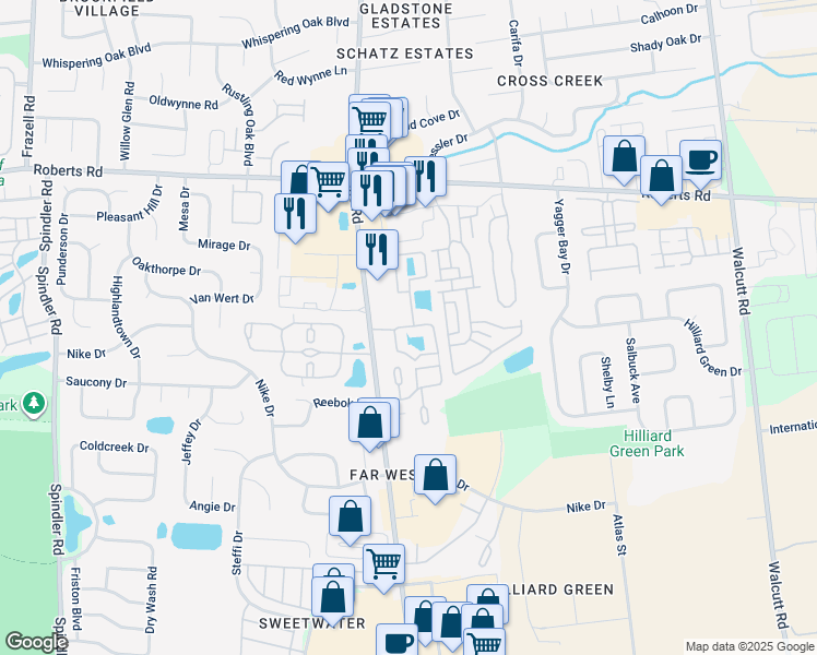 map of restaurants, bars, coffee shops, grocery stores, and more near 2295 Asics Road in Hilliard