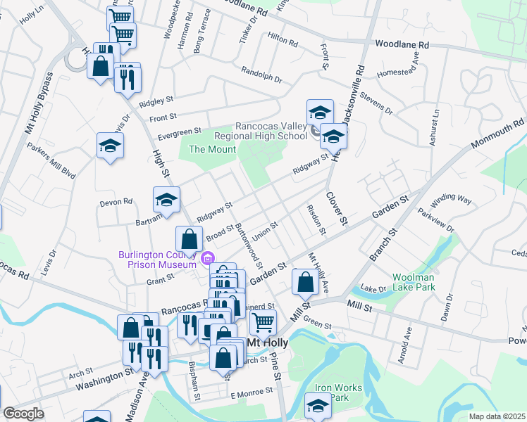map of restaurants, bars, coffee shops, grocery stores, and more near Cherry Street & Broad Street in Mount Holly