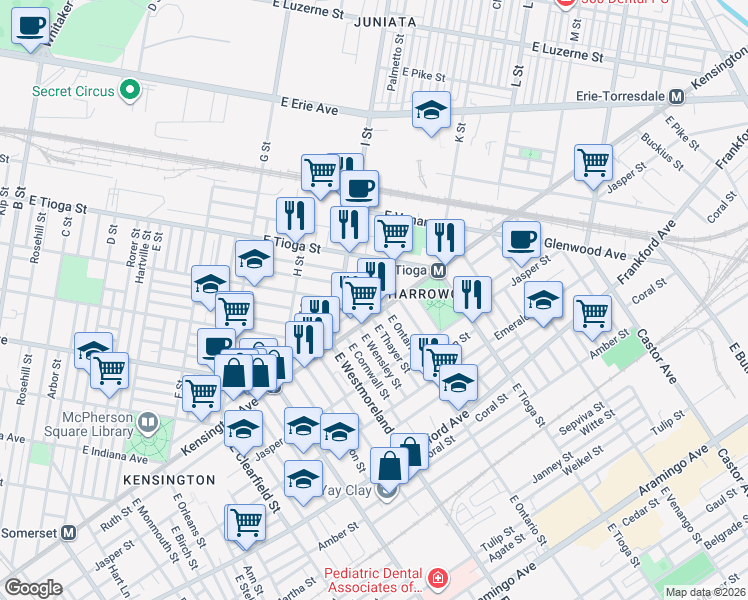 map of restaurants, bars, coffee shops, grocery stores, and more near 3400 J Street in Philadelphia