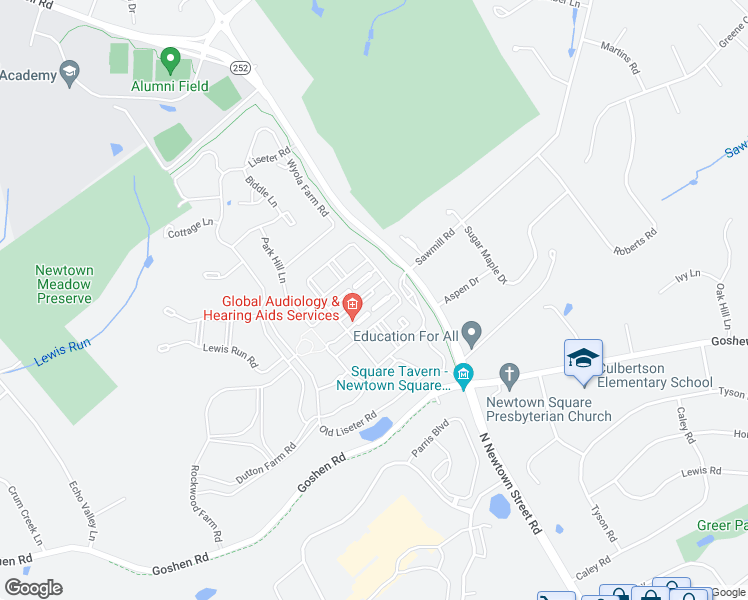 map of restaurants, bars, coffee shops, grocery stores, and more near 3710 Liseter Gardens in Newtown Square