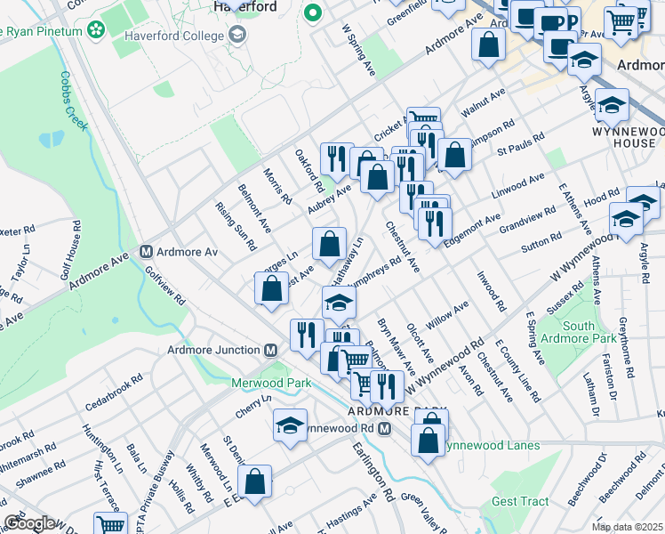 map of restaurants, bars, coffee shops, grocery stores, and more near 727 Hathaway Lane in Ardmore