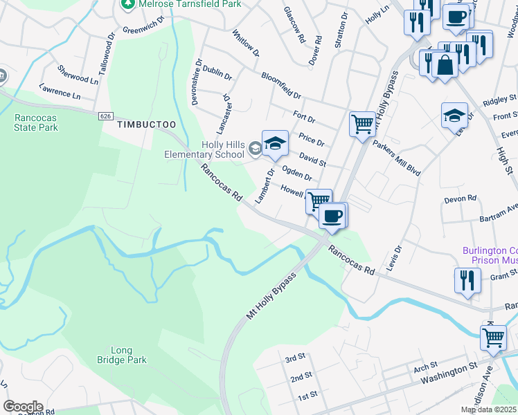 map of restaurants, bars, coffee shops, grocery stores, and more near 1120 Lambert Drive in Westampton