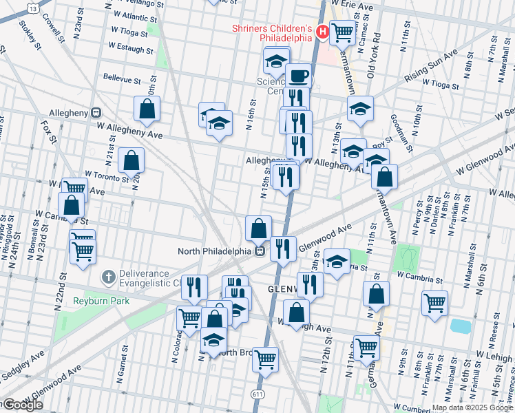 map of restaurants, bars, coffee shops, grocery stores, and more near 3020 North 15th Street in Philadelphia