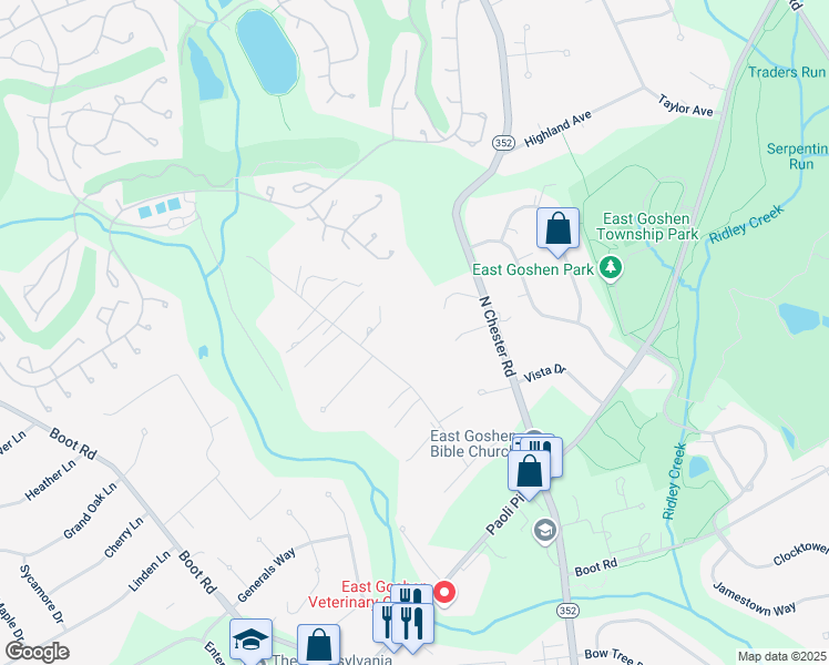 map of restaurants, bars, coffee shops, grocery stores, and more near 947 Cornwallis Drive in West Chester