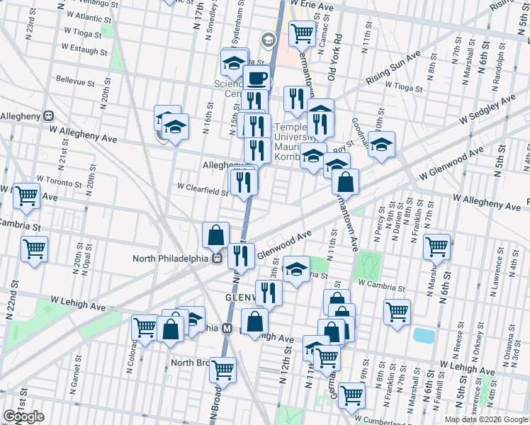 map of restaurants, bars, coffee shops, grocery stores, and more near 3019 North Broad Street in Philadelphia