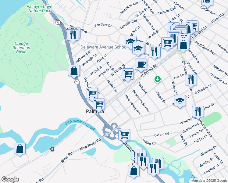 map of restaurants, bars, coffee shops, grocery stores, and more near 600 West 6th Street in Palmyra