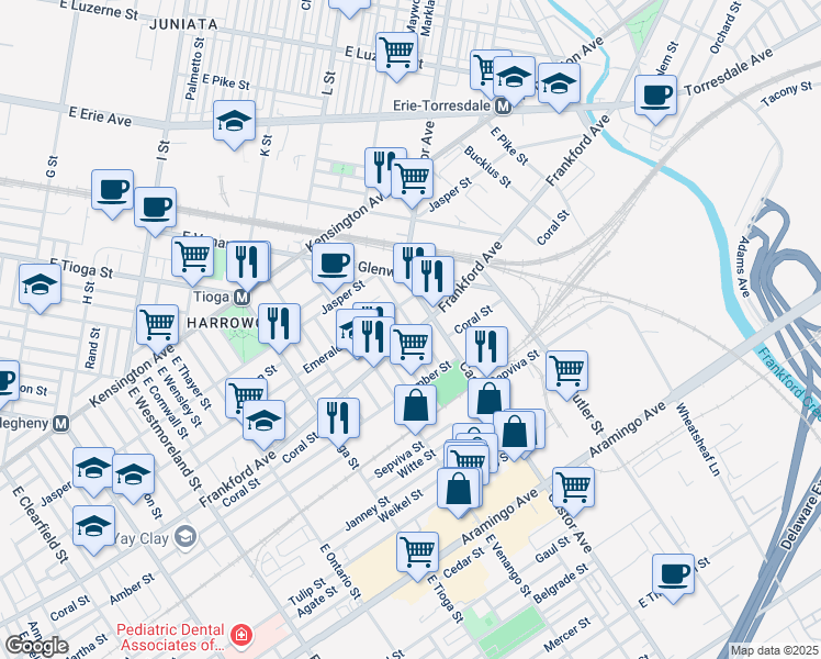 map of restaurants, bars, coffee shops, grocery stores, and more near 3658 Frankford Avenue in Philadelphia