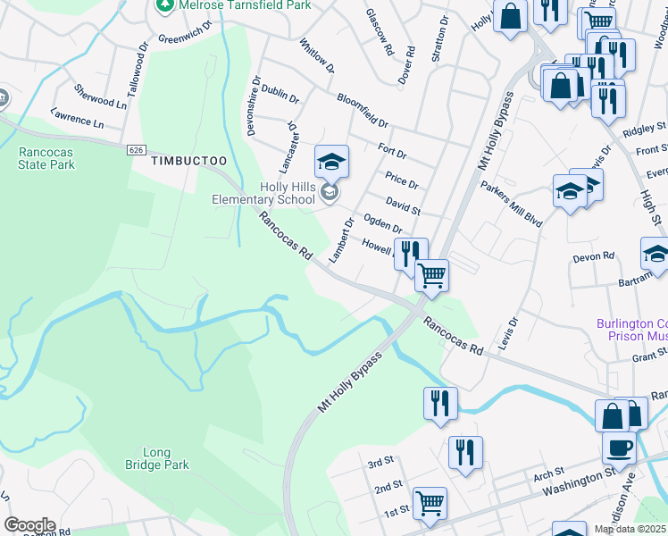 map of restaurants, bars, coffee shops, grocery stores, and more near 1120 Lambert Drive in Westampton