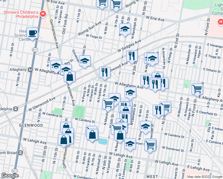 map of restaurants, bars, coffee shops, grocery stores, and more near 3136 North Wendle Street in Philadelphia