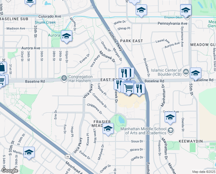 map of restaurants, bars, coffee shops, grocery stores, and more near 635 Mohawk Drive in Boulder