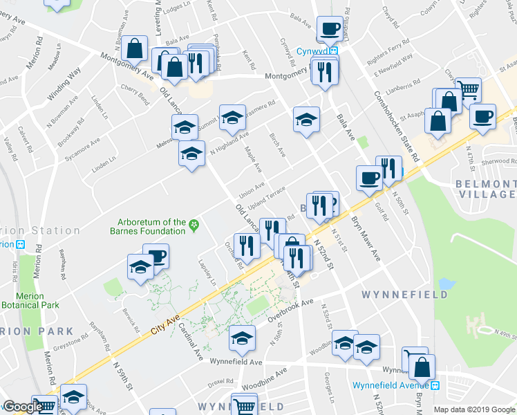 map of restaurants, bars, coffee shops, grocery stores, and more near 152 Upland Terrace in Bala Cynwyd
